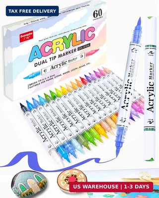 60 Colors Dual Tip Acrylic Paint Markers, 30 Pcs 2 Colors in 1 with Soft Brush T