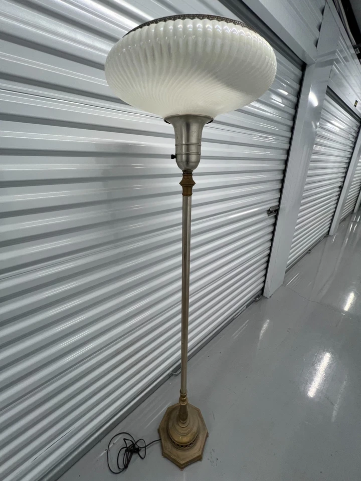 Vintage Rembrandt Torchiere Floor Lamp w/ Ribbed Milk Glass Shade – Art Deco Mid - Image 4 of 4
