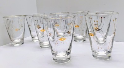 8 Libbey 50's Gold Atomic Adagio Clear 10 Oz Glass Tumblers Barware Mod MCM