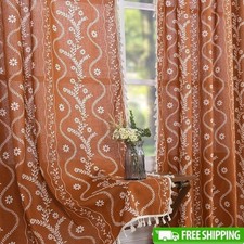 Boho Floral Linen Blend Curtains Semi Sheer Farmhouse Window Drapes 2 Panels New