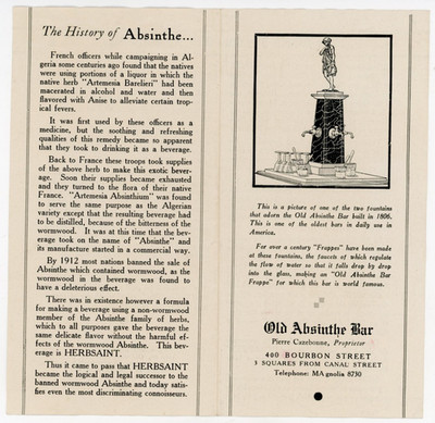 1910s-20s Old Absinthe Bar Bourbon St. New Orleans, LA Brochure #KS