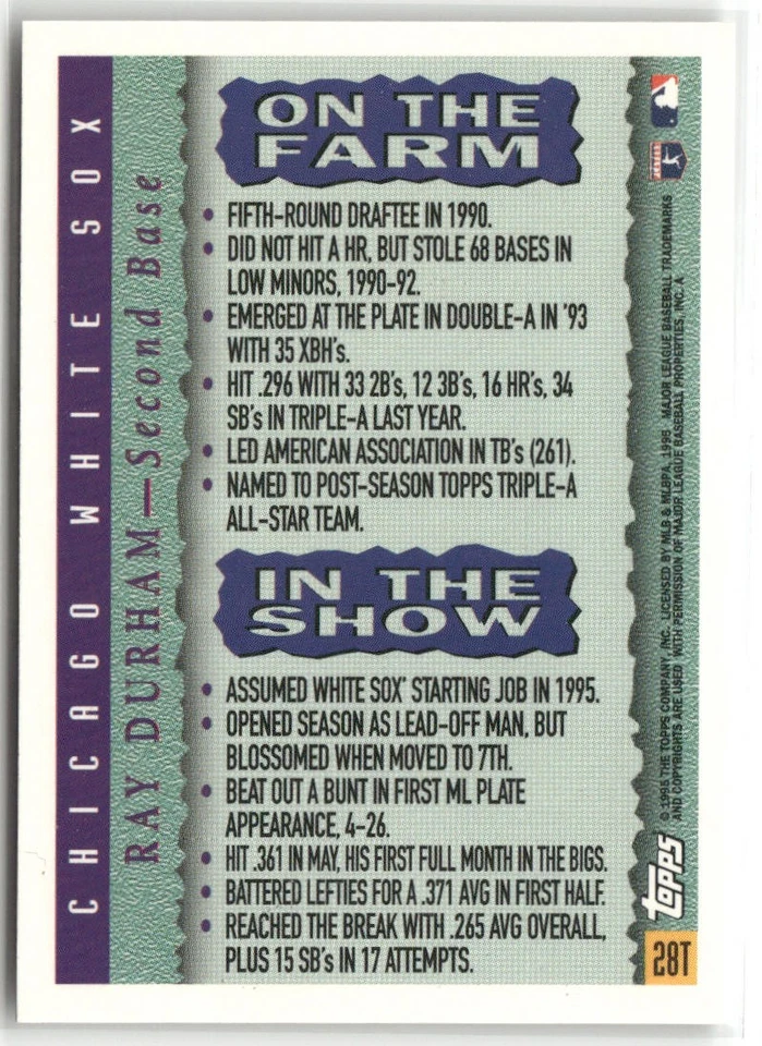 1995 TOPPS TRADED & ROOKIES #28T RAY DURHAM CHICAGO WHITE SOX - Image 2 of 2