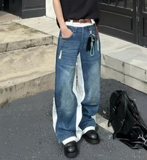 Men's Blue White Denim Cotton Mixed Straight Leg Punk Hip Hop Pants Trousers