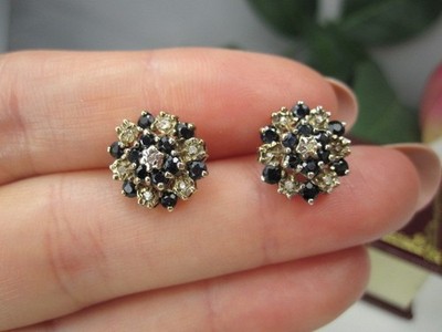 Pair of Vintage Sapphire & Diamond Cluster Stud Earrings Crafted from 9kt Gold