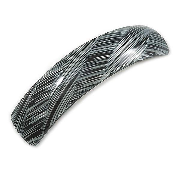 Black/ Metallic Silver Acrylic Square Barrette/ Hair Clip In Silver Tone - 90mm