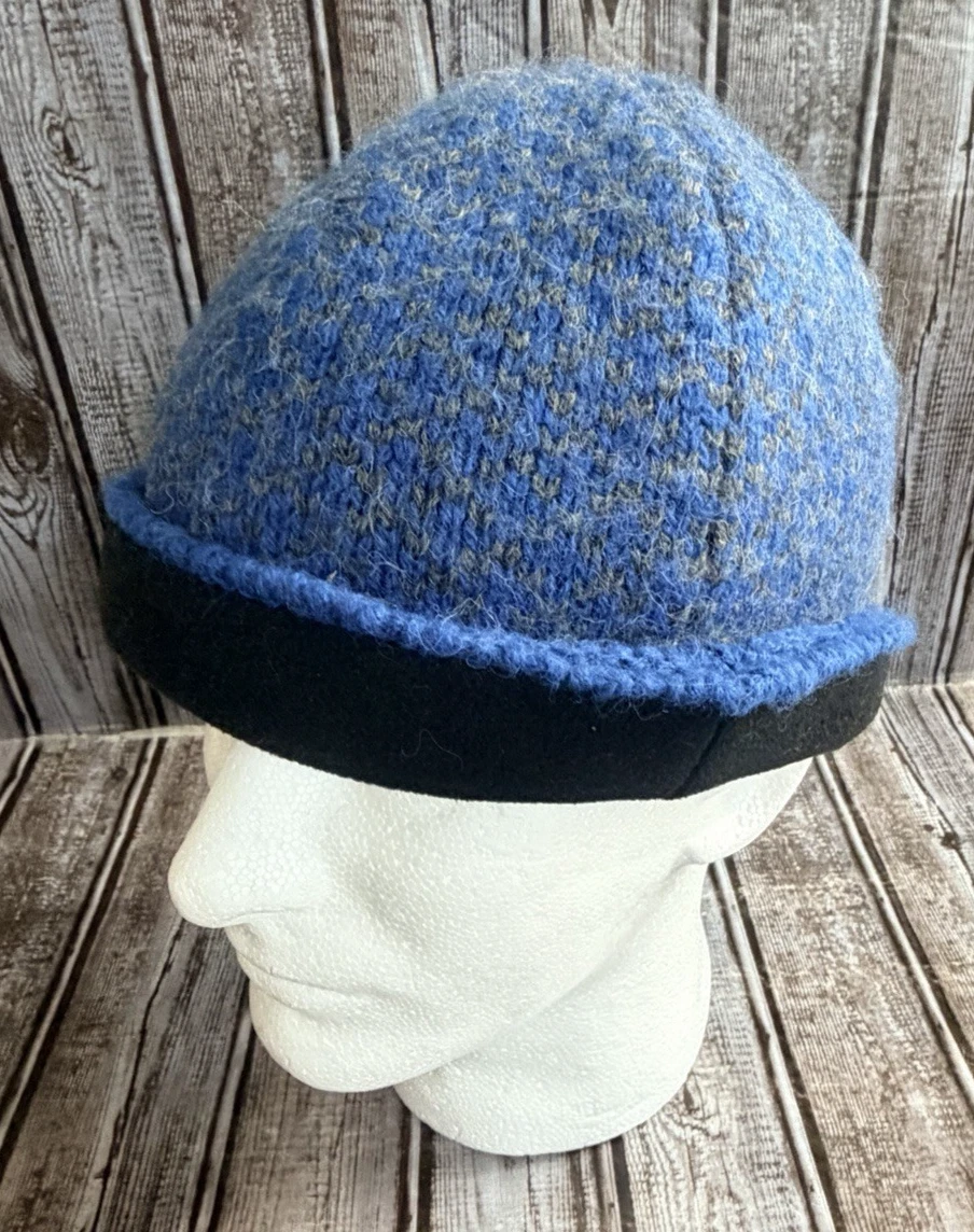 Alpacas of Montana Alpaca Wool Hat Blue Black Knit Fleece Lined Winter Cap USA