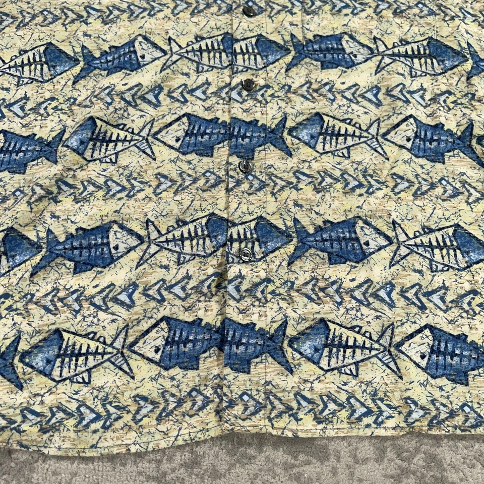 Camisa Hawaiana De Colección Crossing Para Hombres XL Amarillo Azul Estampado Geométrico de Peces Años 90 Rayón Foto 3 de 4