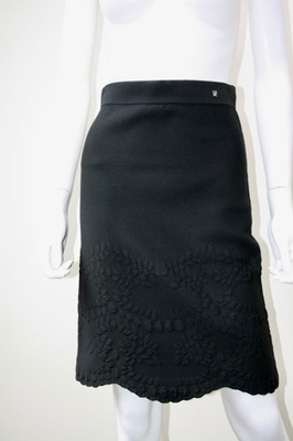 Carolina Herrera Black Pencil Skirt Embossed Leaf Print Size XS
