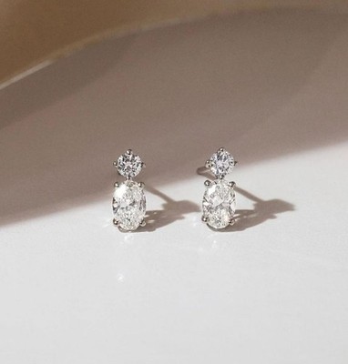 2 CT Oval -Round Cut Moissanite Drop Stud Earrings For Women's 14K White Gold