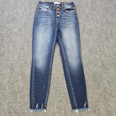 KanCan Jeans Womens 7/27 Blue Skinny Button Fly Raw Hem Distressed