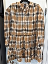 Gap Women's Plaid Flannel Dress, Size L Tan Front Buttons Long Sleeve