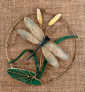 Vintage Capiz Shell Dragonfly Cattail Lily Pad Round Suncatcher Small 4.75”