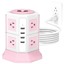Pink Tower Power Strip with Surge Protection | 8 AC Outlets + 4 USB Ports | 1