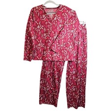 Womens L Floral Button Down Pajama Set Waffle knit Red Loungewear pocket stretch