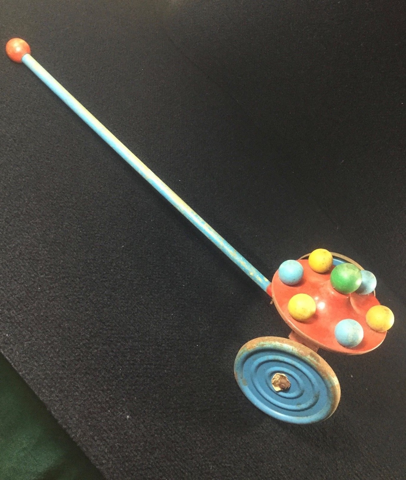 VINTAGE THE GONG BELL MFG. CO. SPINNING TOP PUSH PULL TOY WOOD METAL