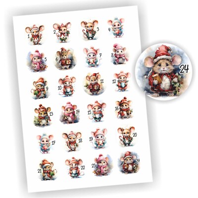 24 Aufkleber 1-24  Adventskalender Zahlen Weihnachten Sticker Maus
