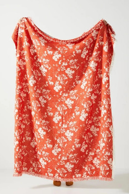 Anthropologie Chenille Cotton Throw Blanket Large Orange Oblong Eco Plush Fringe