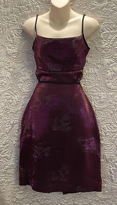 Vicky Vale Two-Piece Rose Embroidered Purple Demask Satin Shimmer Cami+Skirt 14