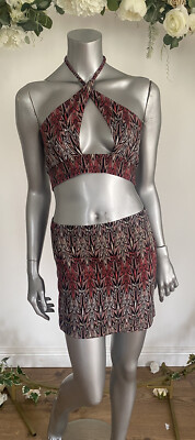Influence Skirt & Crop Top Set Co Ord Outfit Size 8 Pink Red Aztec Bodycon KK84