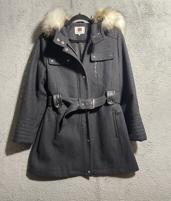 Laundry by Design- Black Wool Blend Anorak Coat Belted Faux Fur Trim Hood Large
