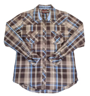 Rock & Roll Cowboy Western Pearl Snap Shirt Mens Sz Large Brown Plaid Rockabilly