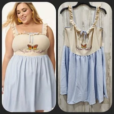 UNIQUE VINTAGE Ivory & Blue Embroidered Babydoll Dress*Pockets PLUS Size 2X**NEW
