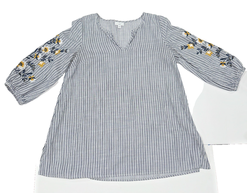 J Jill Tunic Top Womens Small Blue White Stripe Embroidered Bohemian 100% Cotton