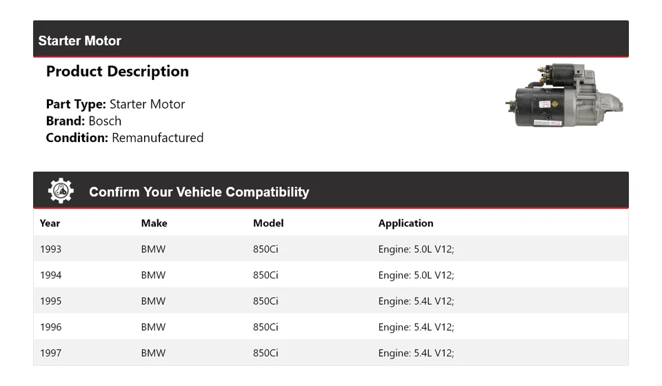 适用于 1993 - 1997 宝马 850Ci 博世起动器(重新制造)1994 1996 年 — 第 2/4 张图片