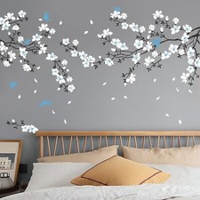 Supzone Blue White Flower Wall Stickers Cherry Blossom Wall Decal Birds on Tr...