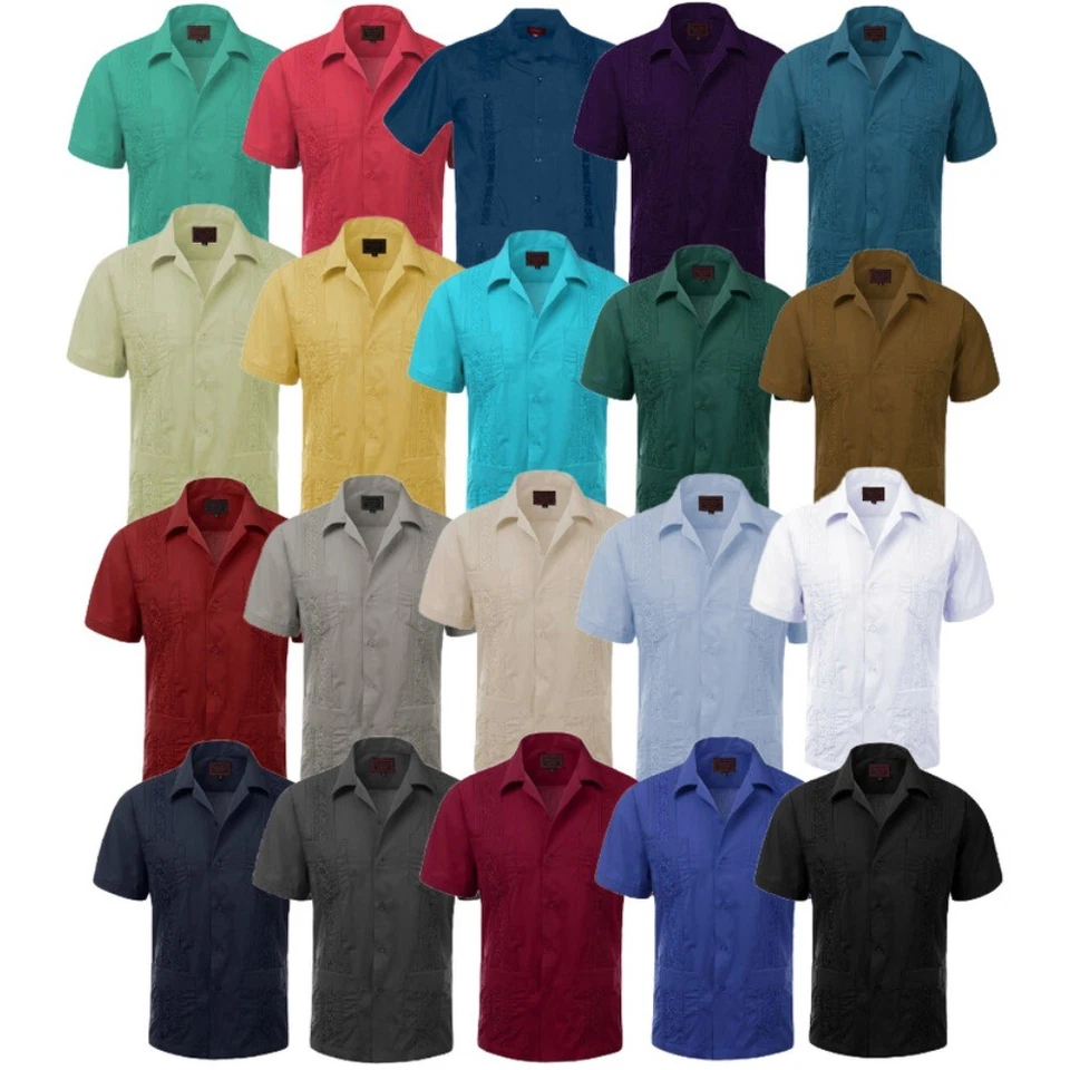 Men's T-Shirt Guayabera Cuban Beach Wedding Short Sleeve Button Up Dress Tee