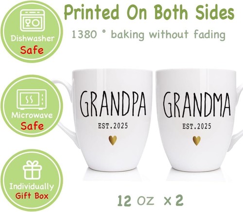 EST 2025 New Grandparents Mugs Set, Baby Reveal Publicity Mug Gift, White - Picture 4 of 5