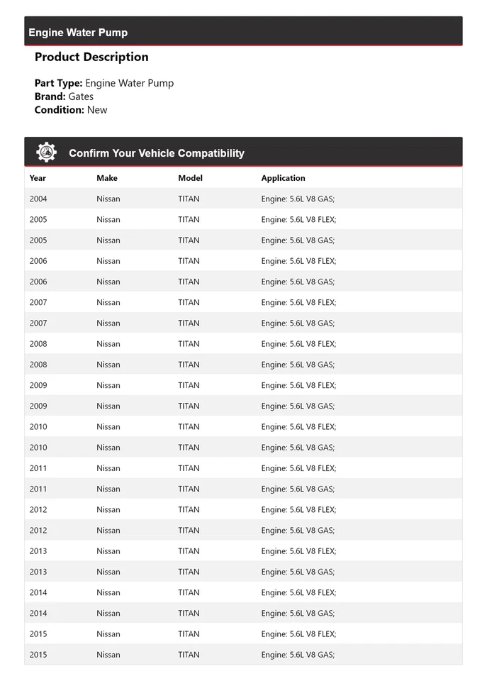 Puertas de bomba de agua para motor Nissan TITAN 2004-2015 2005 2006 2007 2008 2009 2010 Foto 2 de 4