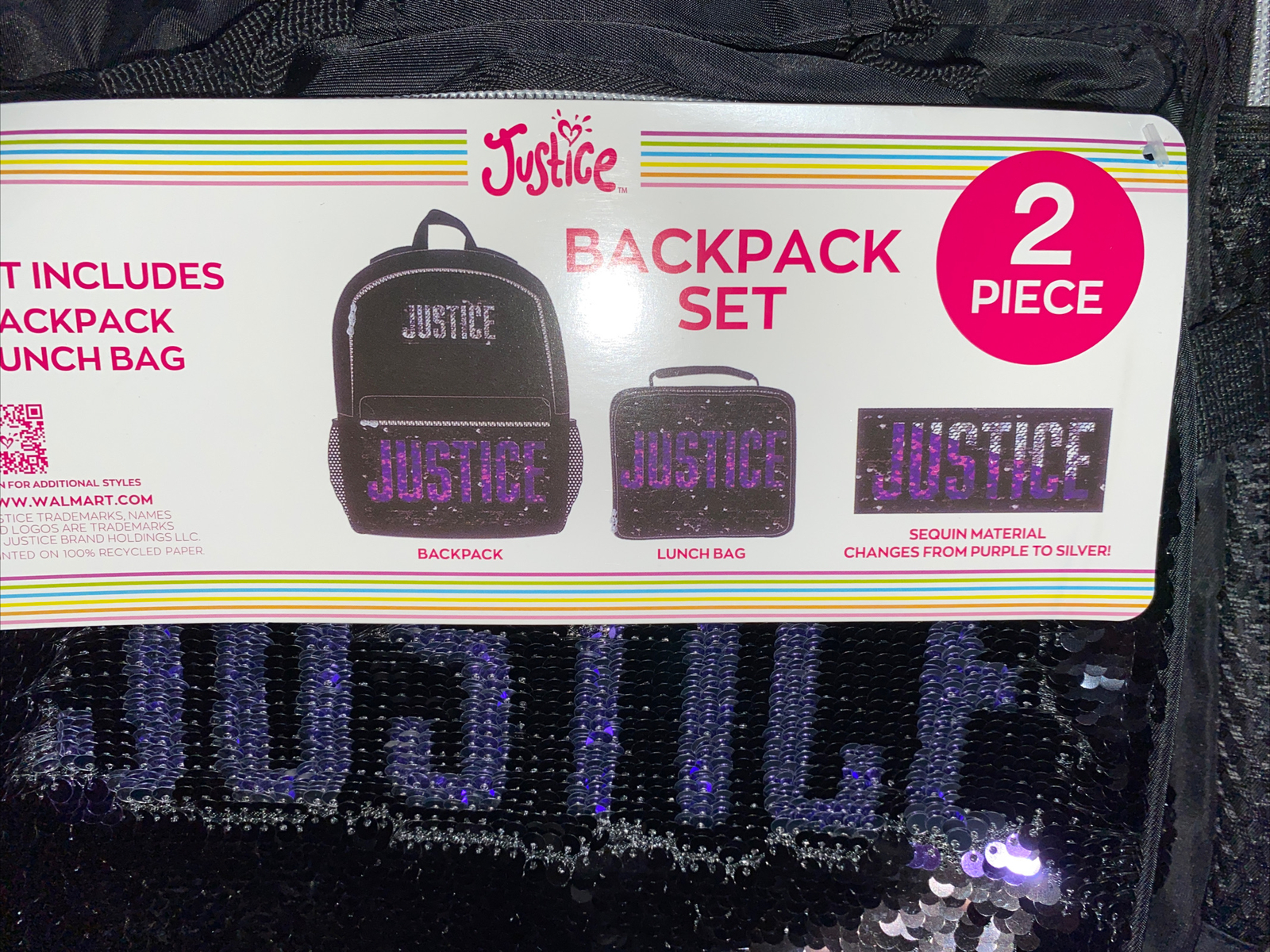 NWT Justice Girls Sequin Backpack and Lunch Tote 2-Piece Set with Elegant Black