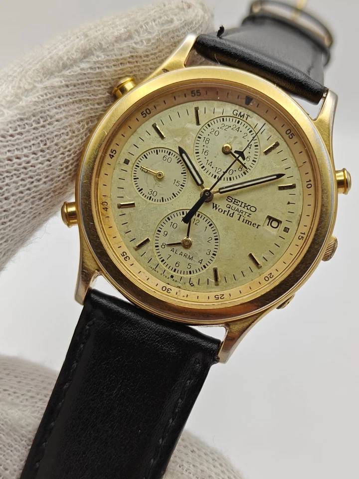 ¡¡Raro!! Reloj para hombre Seiko World Timer cronógrafo de cuarzo relleno de oro de colección 5T52-6A00 Foto 4 de 4