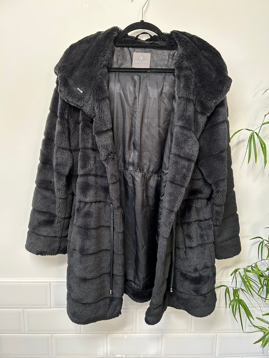 BASLER Black Faux Fur Warm Cosy Cinch Waist Coat with Hood 40 UK12 £410