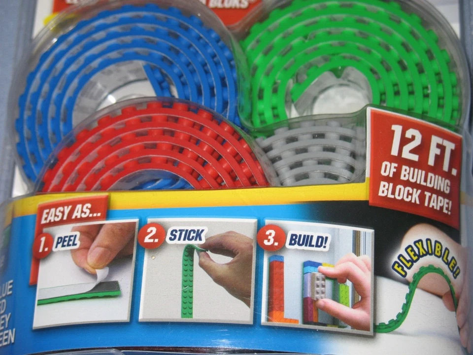 Build Bonanza Self Adhesive Peel & Stick Tape Building Block Blue Red Green Grey - Image 3 of 3