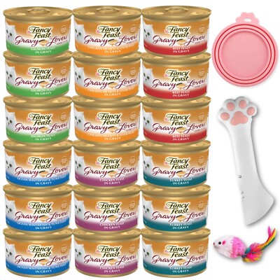 Fancy Feast Premium Cat Food Bundle   18 Cans 6 Flavors, Opener, Lid & Toy