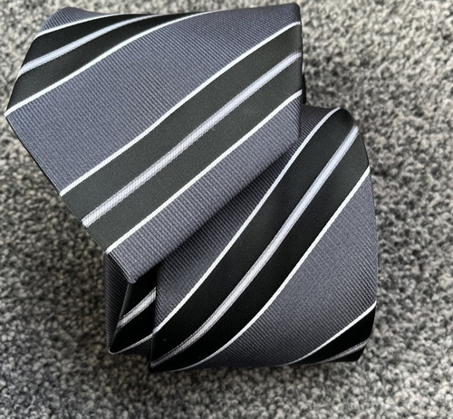 Mens grey striped mix smart formal event polyester tie 3.5" wide 55" long - Picture 1 of 2