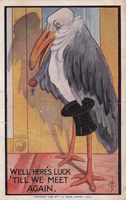 Anthropomorphic Stork Top Hat farewell departure  Polite Door Vtg Postcard J52
