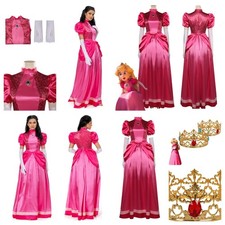 Princess peach Cosplay Costume Pink Peach Fancy Dress with Crown Halloween Party