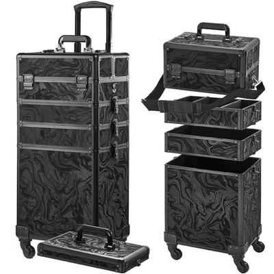 Rolling Makeup Case, Makeup Train Case with Lid, 5 in 1 4 layers Pattern Black
