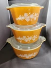 Vtg 3 pc. Pyrex Butterfly Gold 473B 1qt, 474B 1.5 Qt, 475B 2.5qt Cass. Dish Lids