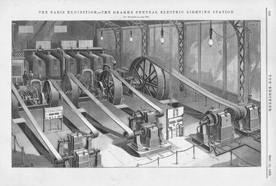 SOCIETE GRAMME Elektrikstation auf der Pariser Ausstellung 3 x antike Drucke 1889