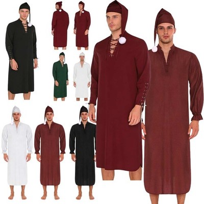 DE Herren Langarm Nachthemd Gothic Schnür Robe mit Schlafmütze Nachtwäsche Kleid