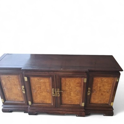 Vintage 1989 Burlwood Chinoiserie Console Cabinet Qing Style Brass 61''