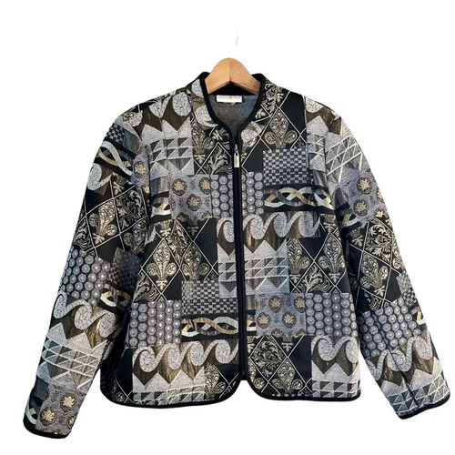 PRESWICK & MOORE Tapestry Jacket Black Gold Silver Full Zip Long Sleeves XL EUC - Picture 1 of 7
