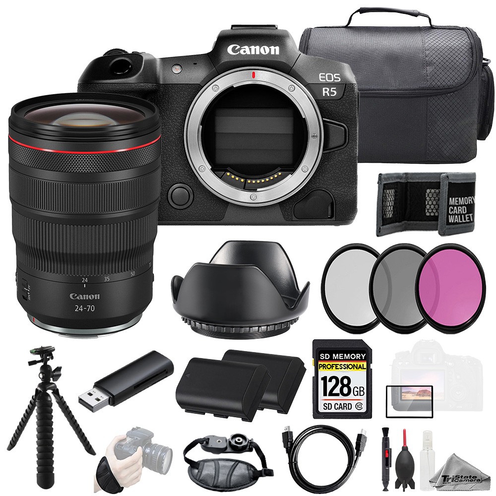 Canon EOS R5 + RF 24-70mm f/2.8L IS USM Lens 128GB + Ext Bat+ 3 PC