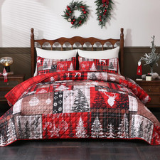 3PC Queen Christmas Quilt Set Buffalo Plaid Deer Patchwork Comforter 90"x90"
