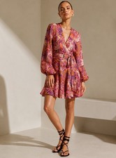 Zimmermann Dress Size 0 AU 8 US 4 Pink Paisley Fiesta Linen Short Wrap Floral