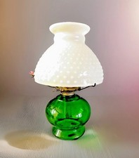 Green Glass Oil Lamp with Milk Glass Shade Ta...